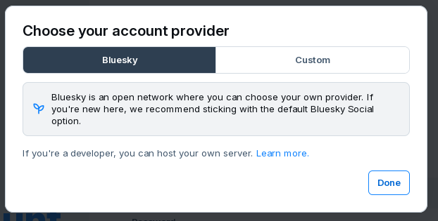bluesky onboarding screenshot
if you clicked on that small edit pencil, you then have the ability to change the default instance bluesky onboarding screenshot
if you clicked on that small edit pencil, you then have the ability to change the default instance
